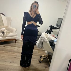 PATBO FRINGE AND LACE LONG SLEEVE CUT-OUT MAXI